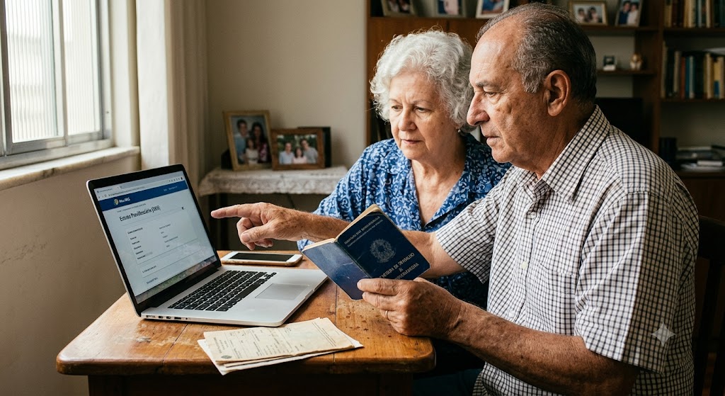 Casal de idosos sentado em uma mesa de madeira consultando o extrato do CNIS na tela de um notebook enquanto conferem anotações em uma carteira de trabalho física.
