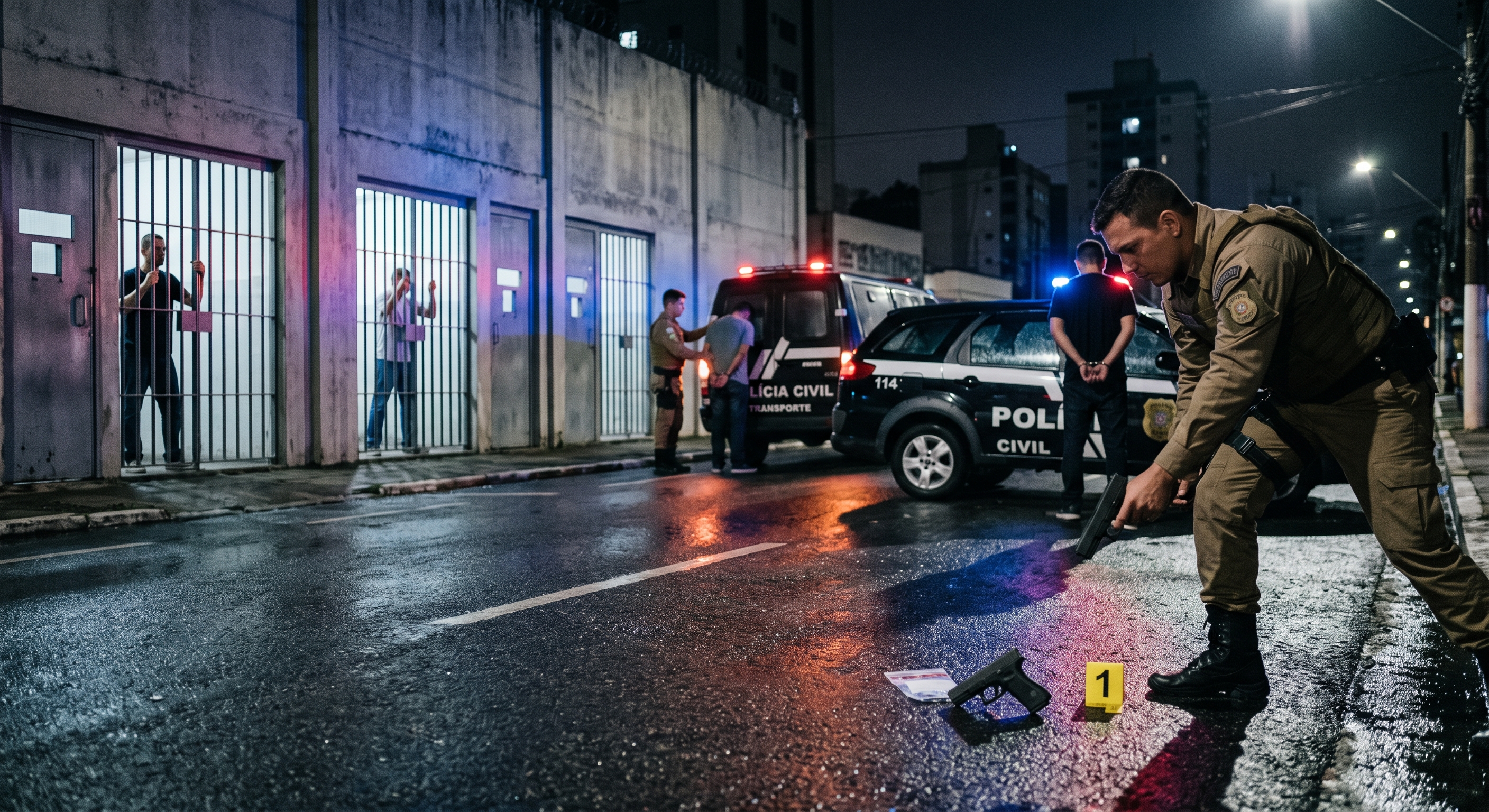 Uma cena noturna realista que retrata uma operação policial numa rua molhada, relacionada ao tema jurídico de porte ilegal de arma. Em primeiro plano, no asfalto, há uma pistola preta e um marcador de evidência criminal amarelo com o número "1". Um agente de segurança devidamente uniformizado está curvado ao lado da arma. Ao fundo, avista-se uma viatura policial com as luzes de emergência acesas e uma pessoa sob custódia de mãos algemadas atrás das costas. Ao lado, observam-se estruturas com grades, sugerindo um ambiente de detenção ou cela de passagem, reforçando o contexto das consequências legais do crime. A iluminação é dramática, com tons escuros de azul e luzes refletidas no chão molhado.