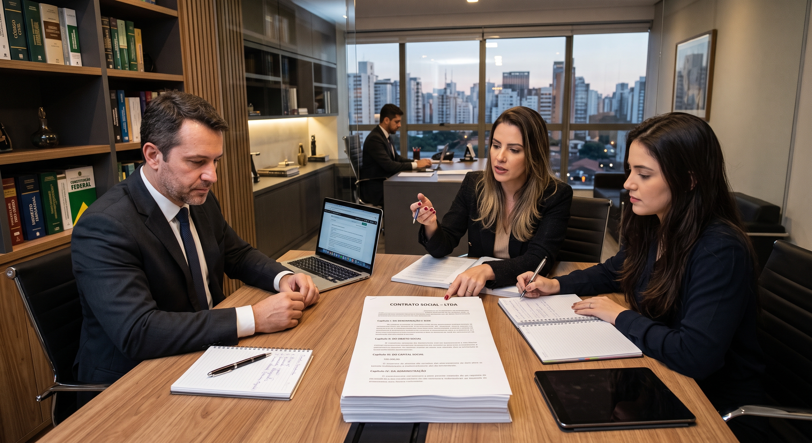 Três profissionais em um escritório de advocacia moderno reunidos ao redor de uma mesa de reunião, analisando e assinando um documento impresso com o título "Contrato Social - LTDA".