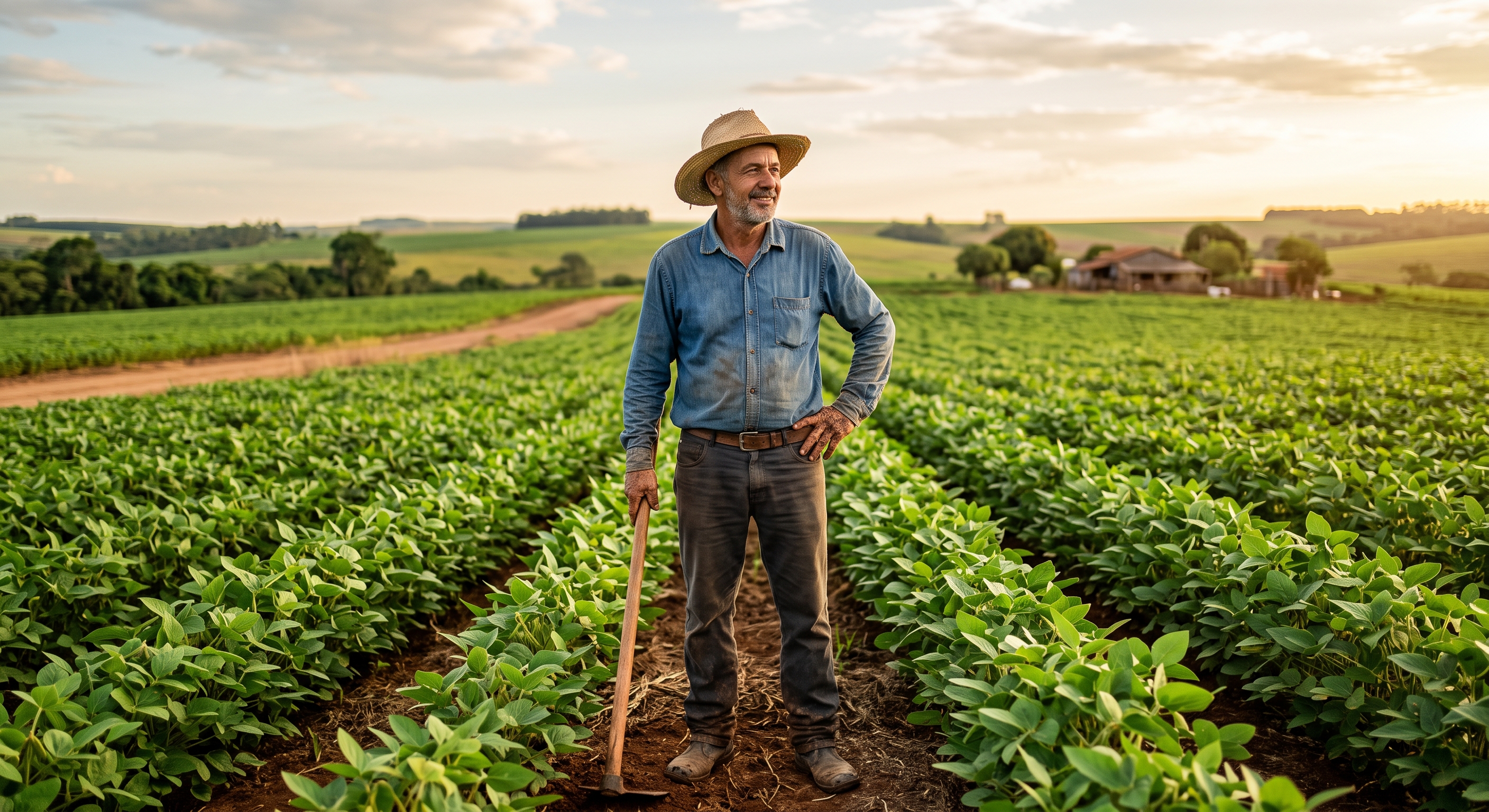 Fotografia de um trabalhador rural idoso em pé no meio de uma vasta lavoura verde. Ele veste camisa azul de manga comprida com as mangas dobradas, calça jeans escurecida pelo trabalho, botas e um chapéu de palha. Com uma postura firme e confiante, ele tem um leve sorriso de satisfação no rosto e olha em direção ao horizonte da plantação. Ele apoia uma das mãos no cabo de uma enxada que repousa no chão de terra, enquanto a outra mão descansa na cintura. O cenário é iluminado pela luz suave e dourada do final de tarde, transmitindo uma sensação de dever cumprido e tranquilidade.