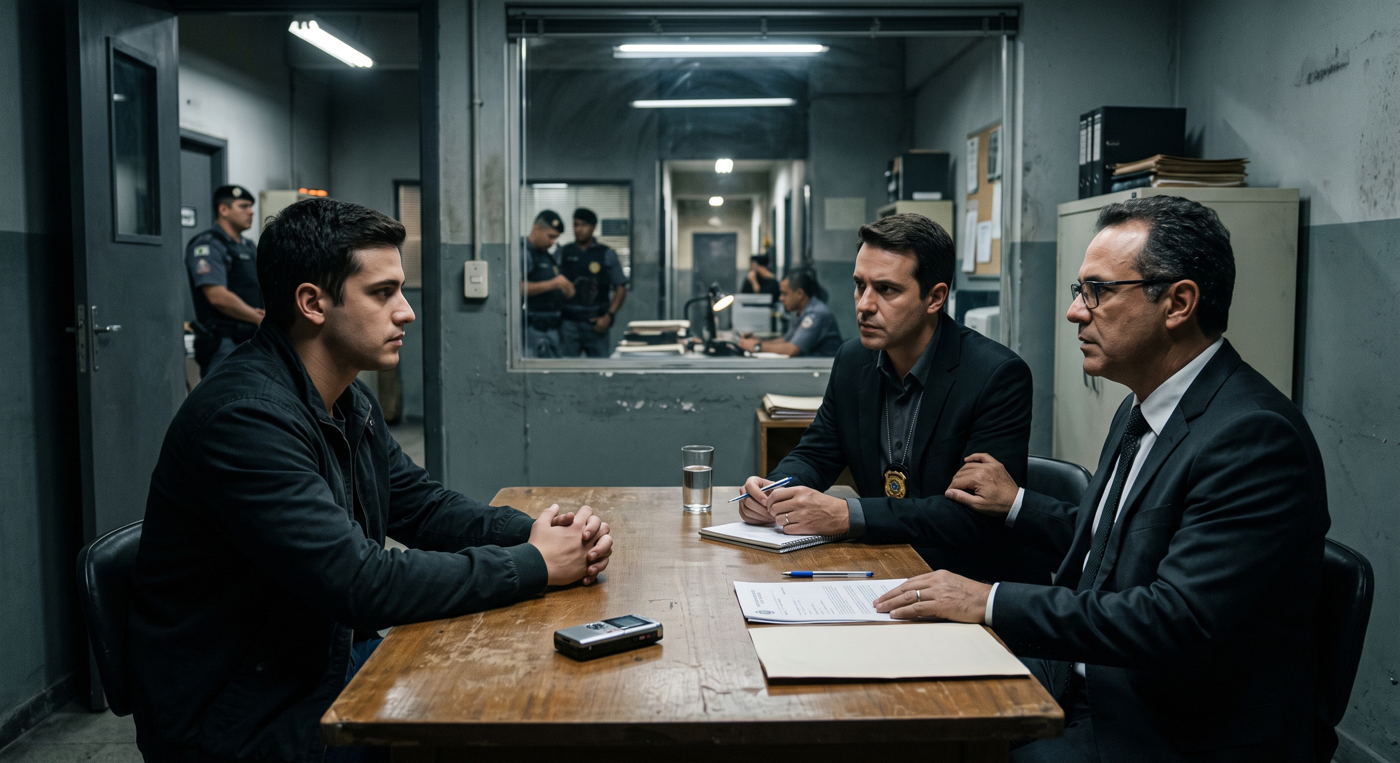 Fotografia de uma sala de interrogatório em uma delegacia. Um jovem sério de jaqueta escura está sentado à esquerda de uma mesa de madeira, com as mãos entrelaçadas, em atitude de silêncio. À sua frente, do lado direito da mesa, estão dois homens de terno prestando atenção nele: um investigador exibindo um distintivo policial e segurando uma caneta, e um homem mais velho de óculos ao seu lado. Sobre a mesa há um gravador de voz, papéis, um bloco de notas e um copo de água. Ao fundo, através de uma janela de vidro, veem-se policiais fardados circulando no corredor da delegacia. A iluminação do ambiente tem um tom sério e dramático.
