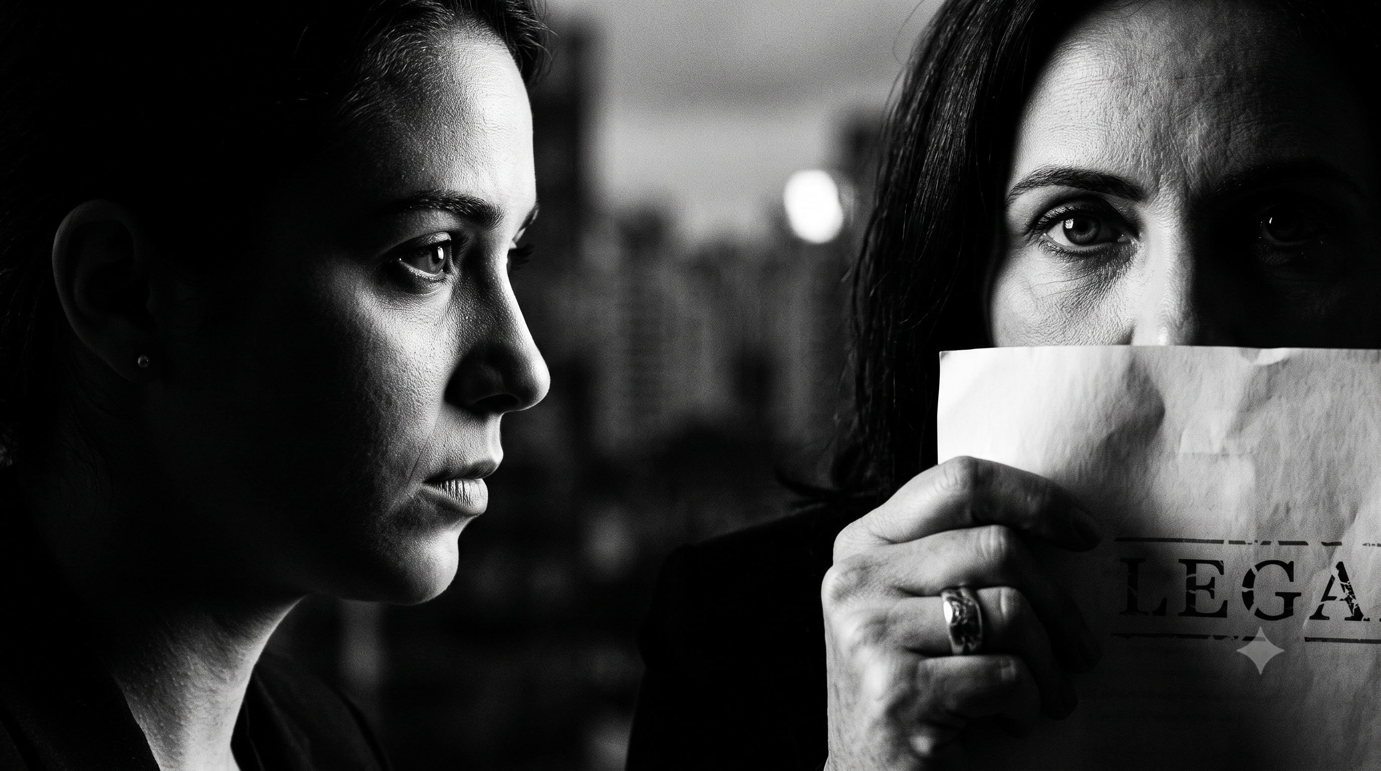 Fotografia dramática em preto e branco mostrando uma mulher trabalhadora em primeiro plano com expressão séria e preocupada, olhando para o lado. Ao fundo, em tom sombrio, uma silhueta masculina desfocada observa em um ambiente corporativo. A iluminação de contraste enfatiza o clima de apreensão e isolamento.