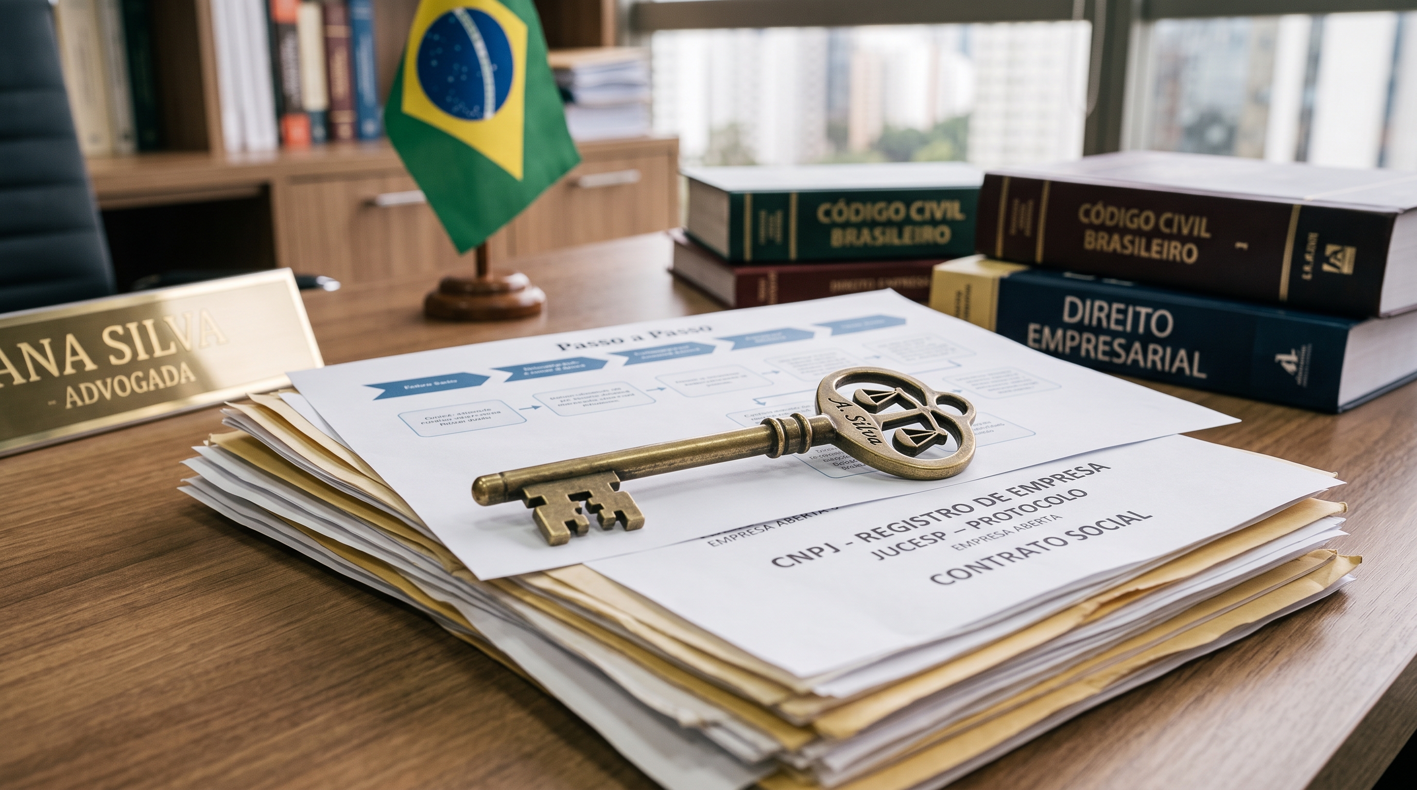 Primeiro Plano: Sobre uma mesa de madeira executiva, destaca-se uma pilha de documentos impressos. No topo dos papéis, há uma chave antiga de bronze ornamentada com a balança da justiça no cabo, simbolizando o sucesso e a conclusão da abertura de um negócio.   Documentos: É possível ver formulários e minutas de contrato com títulos como "CNPJ - Registro de Empresa" e "Contrato Social", juntamente com um diagrama em etapas estilo "passo a passo".   Segundo Plano: Ao fundo, do lado esquerdo, encontra-se uma placa dourada de identificação profissional e uma pequena bandeira do Brasil em pedestal. Do lado direito, sobressaem-se livros jurídicos de capa dura empilhados, incluindo títulos visíveis como "Código Civil Brasileiro" e "Direito Empresarial".   Ambiente e Iluminação: O cenário reflete um escritório de advocacia moderno e elegante, com iluminação suave e foco nítido na chave e nos documentos.   