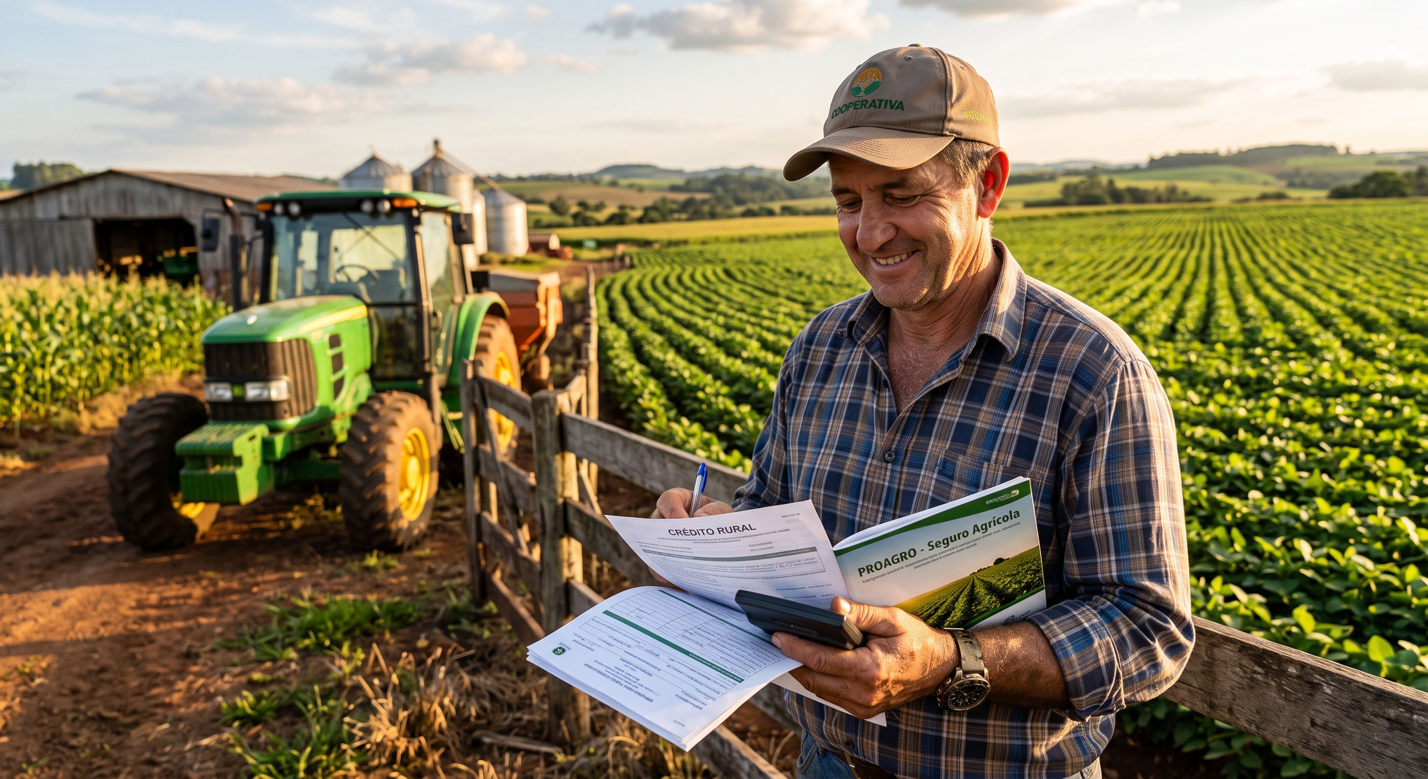 Produtor rural sorridente no campo, vestindo chapéu e camisa xadrez, examinando documentos e contratos em uma prancha de madeira ao lado de uma plantação verde e um trator ao fundo.