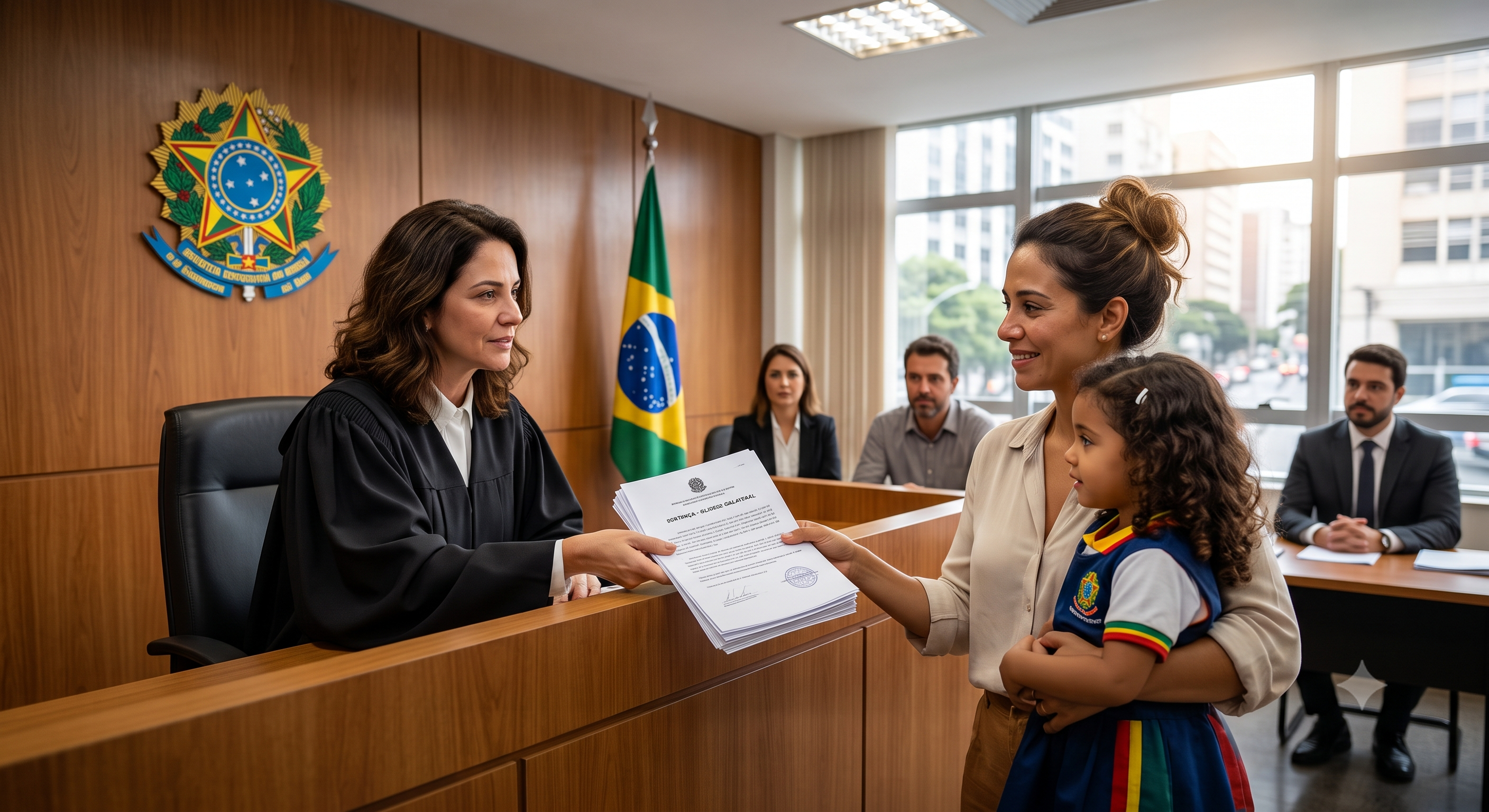 Uma juíza brasileira em um tribunal entrega documentos Oficiais de uma sentença a uma mãe que segura sua filha pequena no colo, representando a decisão de guarda unilateral.