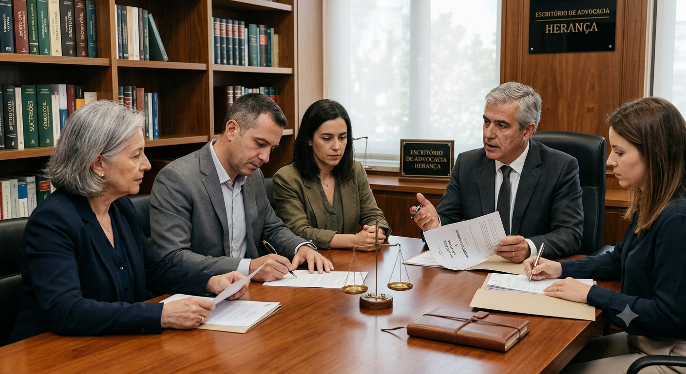 A imagem mostra uma família (uma mulher de meia idade, um homem e uma senhora idosa) sentada em torno de uma mesa de escritório de madeira polida, com expressões sérias e concentradas. Eles estão analisando e assinando documentos legais, enquanto um advogado, vestido com um terno escuro, os orienta. A mesa contém pastas de processos, uma caneta-tinteiro e uma pequena balança da justiça em bronze, simbolizando o processo de inventário e partilha de bens. O ambiente é um escritório de advocacia formal, com estantes de livros jurídicos ao fundo e luz natural suave. O tom da imagem é solene, profissional e neutro.