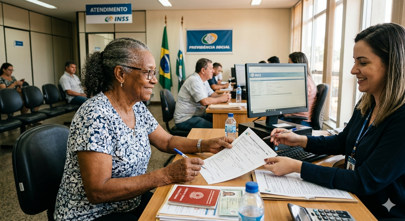 Fotografia de uma mulher negra idosa e sorridente no interior de uma agência do INSS, sendo atendida por uma funcionária jovem em uma mesa de escritório. A idosa segura uma caneta para assinar documentos, enquanto sobre a mesa estão sua Carteira de Trabalho vermelha e o RG. Ao fundo, o ambiente iluminado revela a sala de espera com cadeiras pretas, placas e banners azuis da Previdência Social e a bandeira do Brasil.