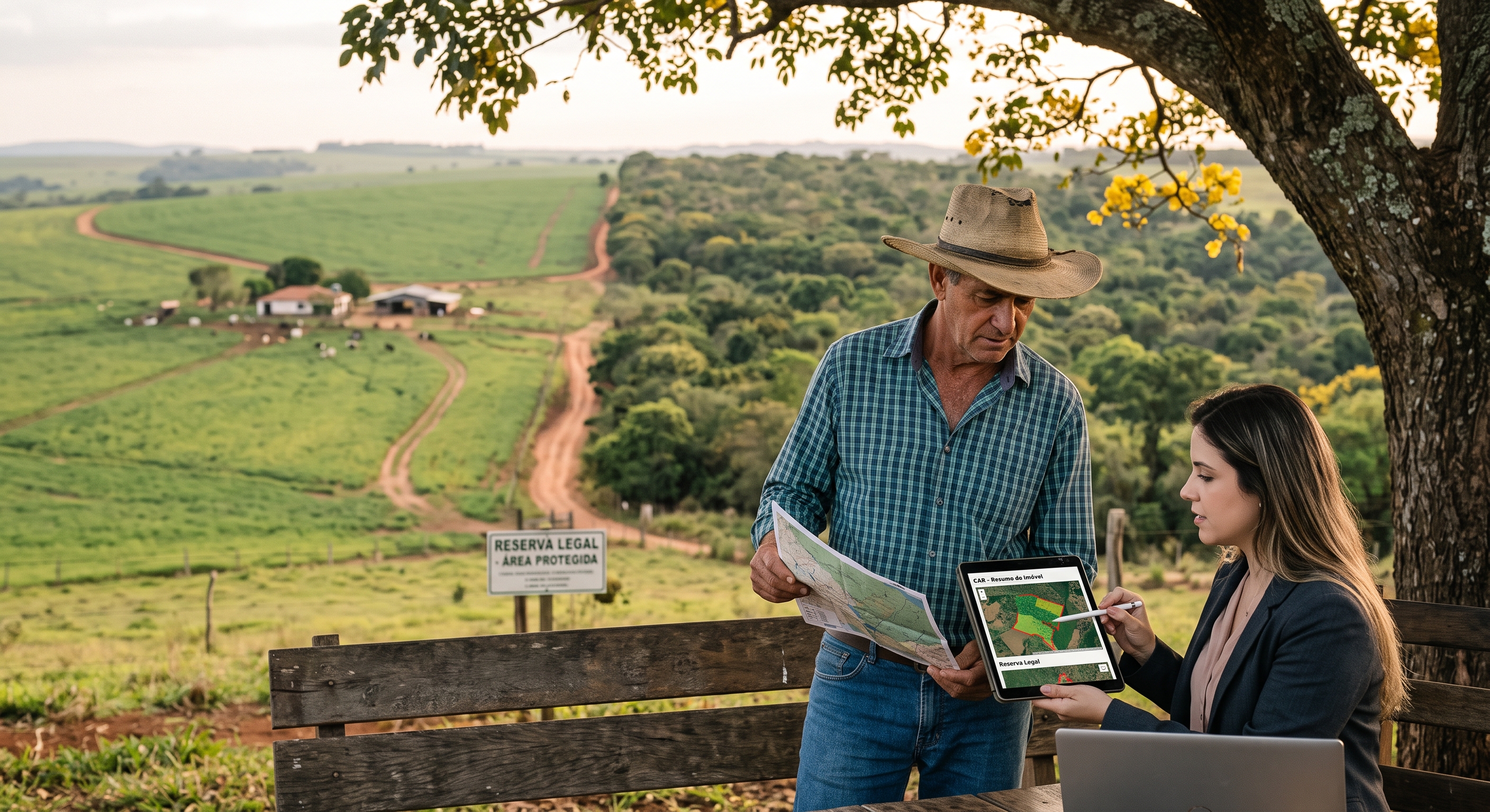 Uma advogada vestindo trajes formais e um produtor rural com chapéu de palha e camisa xadrez estão juntos ao ar livre em uma fazenda. O produtor segura um mapa impresso enquanto a advogada aponta com uma caneta para uma imagem de satélite com demarcações em um tablet. Ao fundo, vê-se a divisão entre uma área de pasto/cultivo e uma área de reserva florestal preservada, com uma placa indicativa ao longo da cerca.