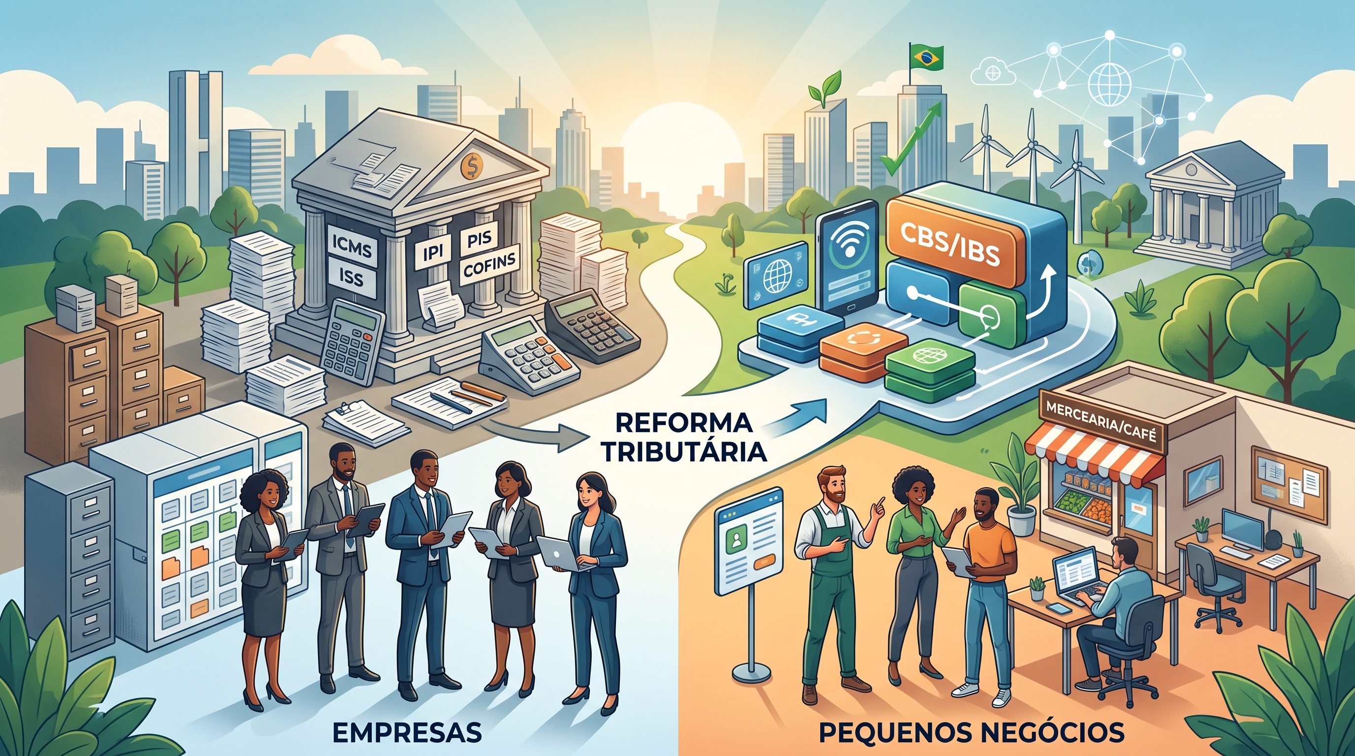 Uma ilustração conceitual e dividida ao meio representando a transição do sistema tributário brasileiro. O lado esquerdo, em tons mais sóbrios e acinzentados, retrata o modelo antigo com edifícios corporativos, pilhas de documentos e arquivos de escritório. O lado direito, mais moderno e colorido, mostra a transição digital com telas e blocos representando os novos impostos (CBS e IBS), conectando grandes corporações a pequenos empreendimentos, como comércios locais e pequenas empresas.