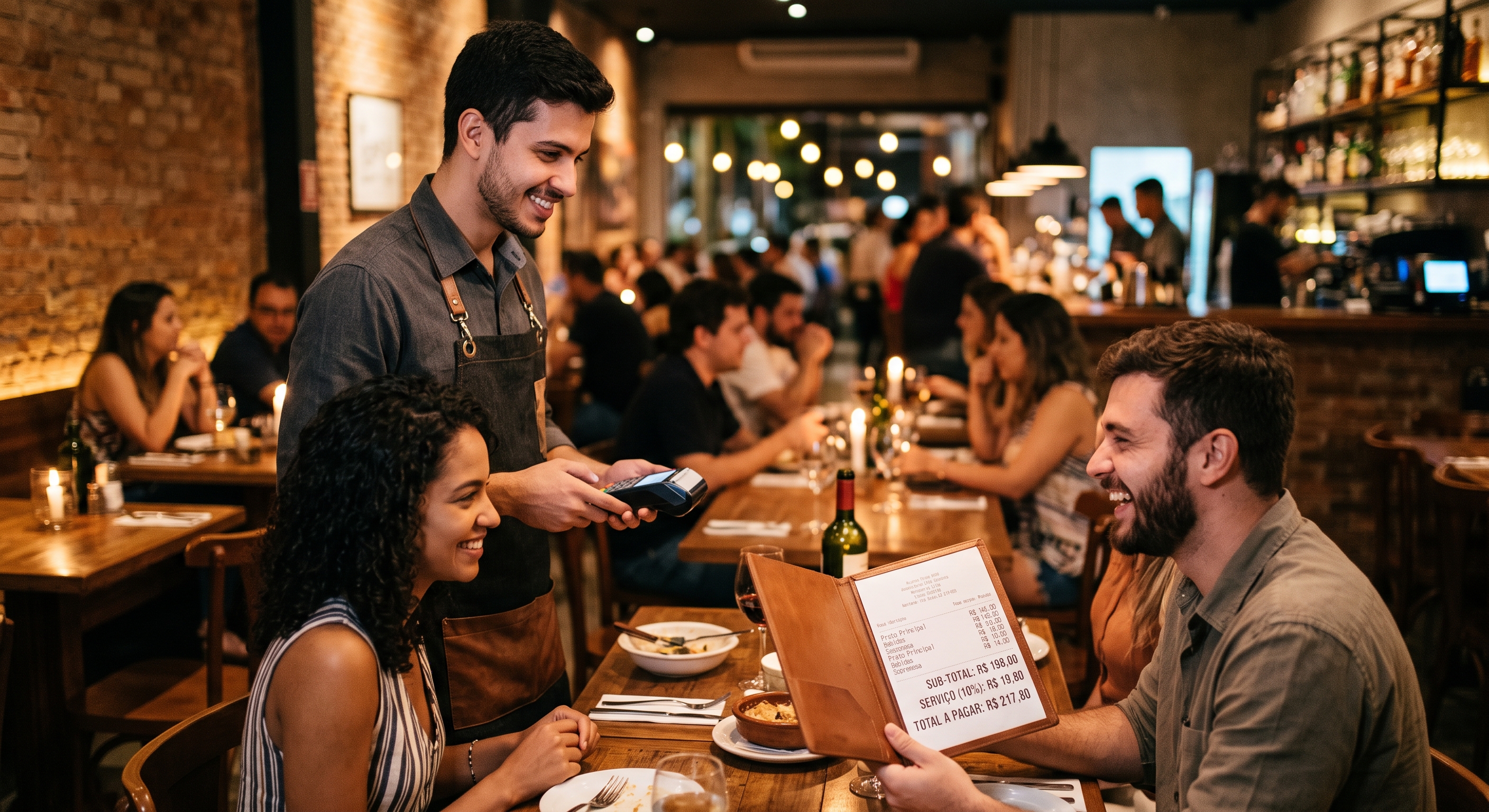 Fotografia em um restaurante de ambiente descontraído com iluminação acolhedora. Um garçom sorridente, vestindo camisa escura e avental com alças de couro, segura uma máquina de cartão enquanto atende um casal feliz sentado à mesa. O cliente homem segura uma pasta de couro com a conta do restaurante aberta, onde está visível o detalhamento dos valores, incluindo o destaque para o acréscimo da taxa de serviço de 10%. Ao fundo, desfocados, outros clientes interagem nas mesas, compondo o cenário de um bar ou restaurante movimentado.