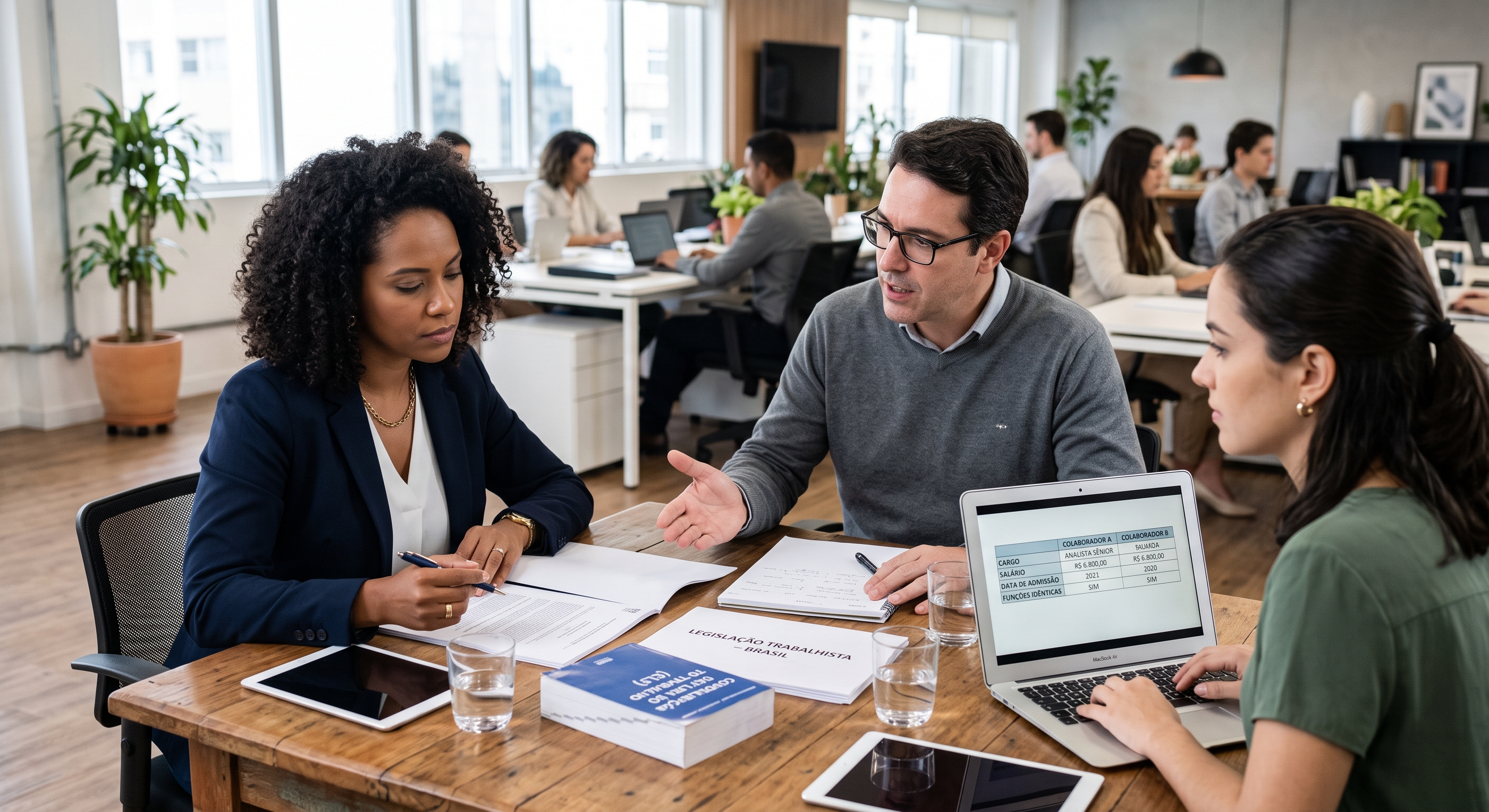 Uma reunião em um escritório corporativo moderno e iluminado, onde três profissionais (duas mulheres e um homem) estão sentados ao redor de uma mesa de madeira discutindo documentos e dados em um laptop. Sobre a mesa, há papéis organizados, tablets, copos de água e livros jurídicos sobre legislação trabalhista. A cena retrata um ambiente profissional focado em análise contratual e direitos corporativos, sem qualquer texto sobreposto.