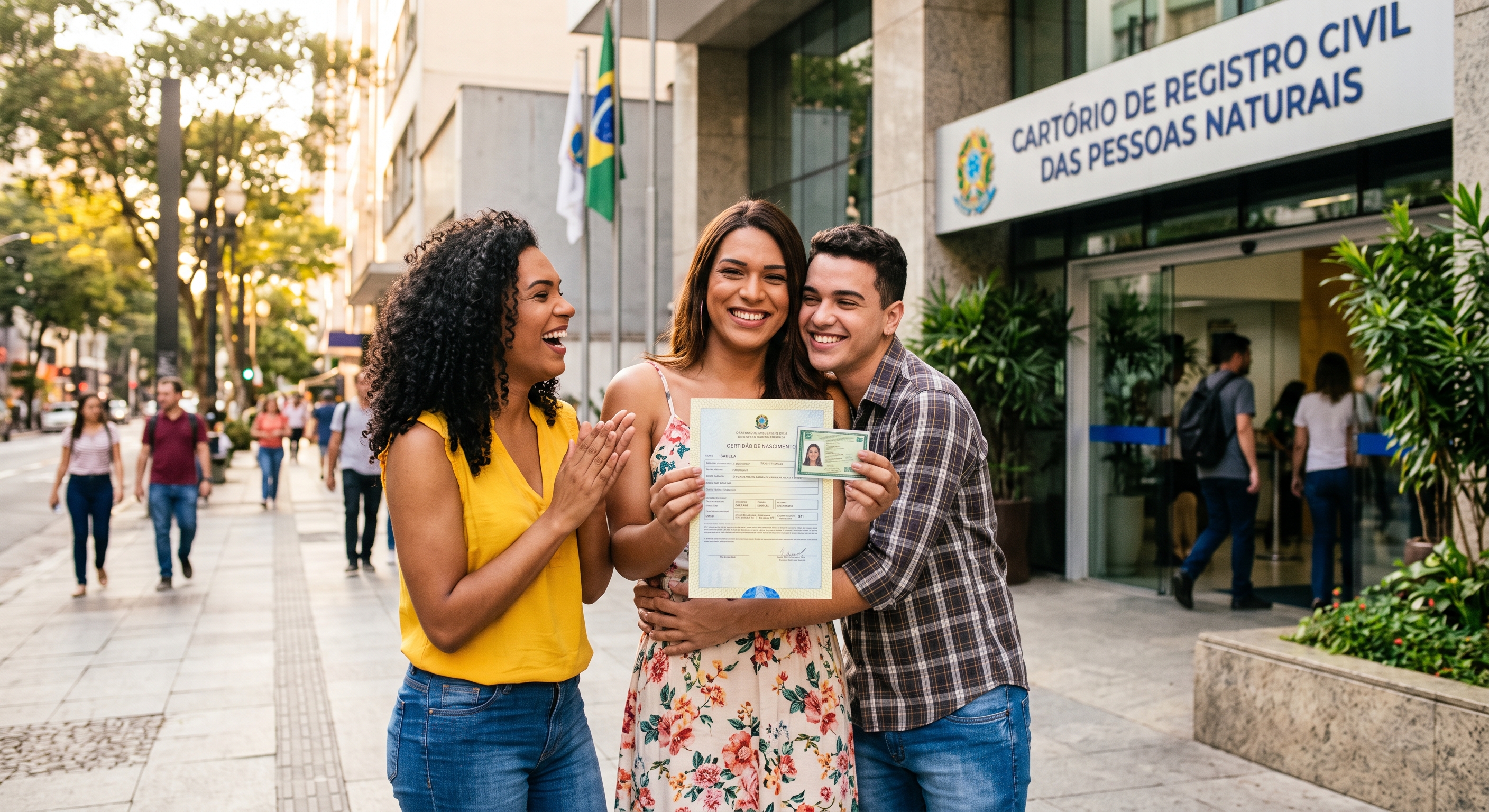 Fotografia ao ar livre de três pessoas jovens celebrando na calçada em frente a um Cartório de Registro Civil no Brasil, em um dia ensolarado. No centro, uma jovem mulher sorri de forma radiante enquanto exibe para a câmera uma certidão e um documento de identidade recém-emitidos. Ela recebe o abraço afetuoso de um rapaz à sua direita, enquanto uma jovem mulher negra, à sua esquerda, bate palmas com uma expressão de muita alegria. O clima é de vitória e apoio mútuo. Ao fundo, desfocados, vê-se a fachada do cartório com a bandeira do Brasil e pessoas caminhando por uma rua urbana arborizada
