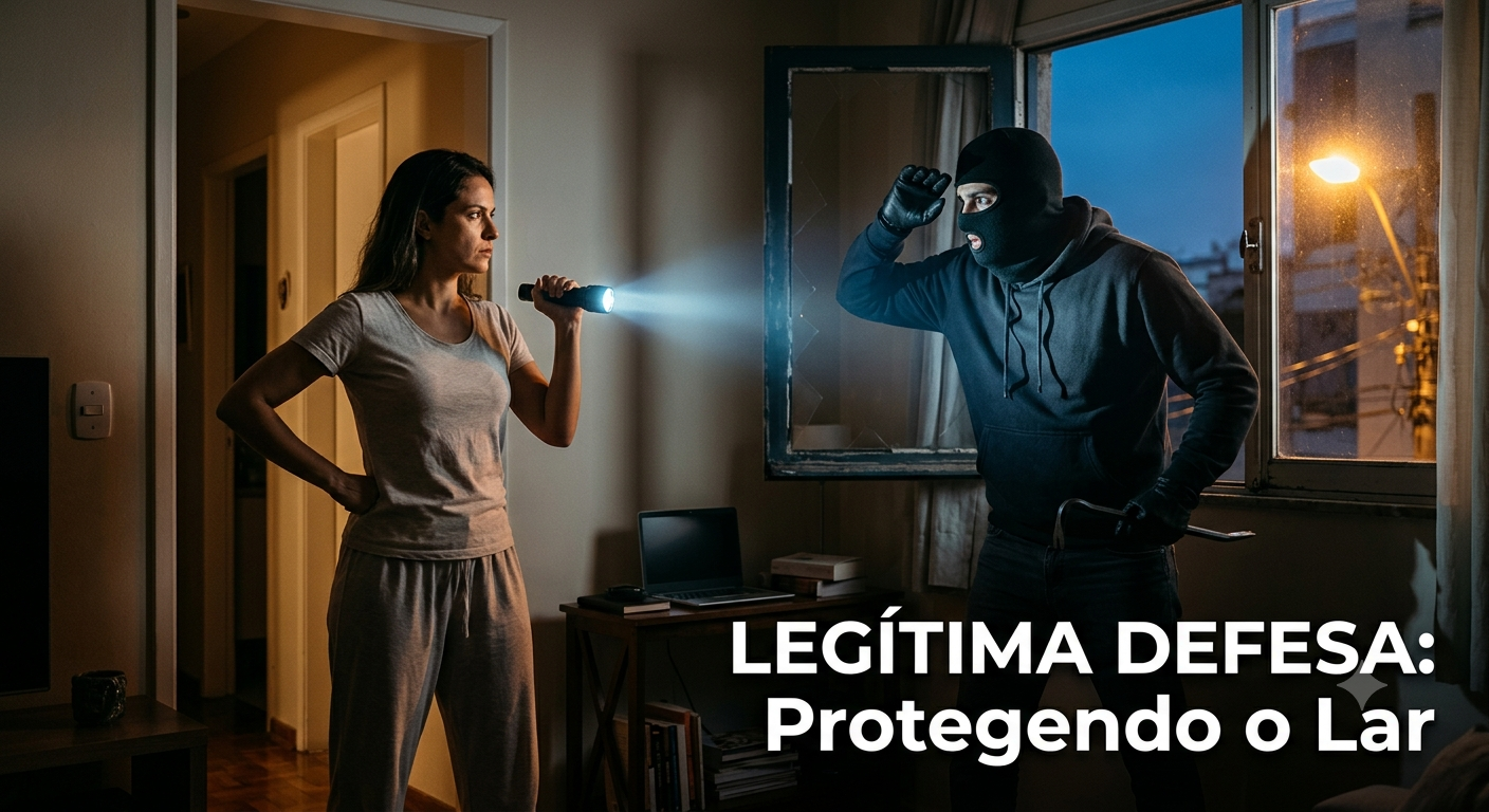 Uma fotografia em plano médio e ambiente interno com iluminação dramática, retratando uma situação de invasão domiciliar noturna para ilustrar o conceito de legítima defesa.