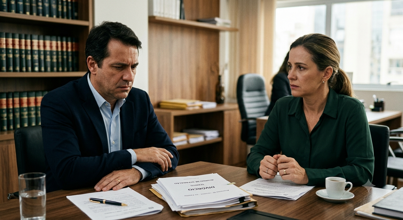 Casal sentado em uma mesa de escritório de advocacia, com expressões sérias e distantes, cercado por documentos jurídicos de divórcio, ilustrando um processo de separação.